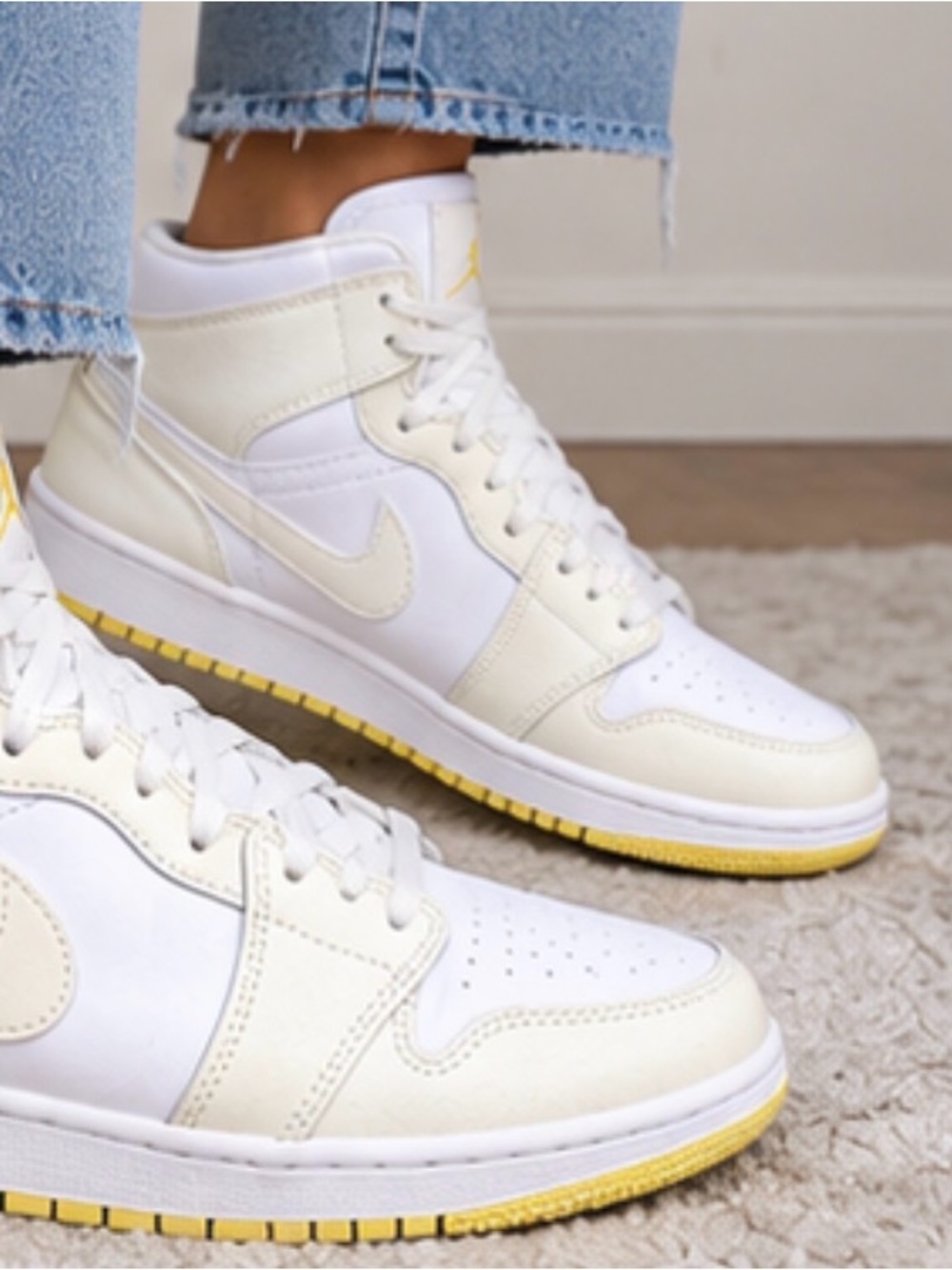 Air Jordan 1 Mid White Yellow Sneakers Tried On